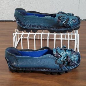 Socofy Blue Floral Leather Slip-On Loafers Size‎ 250 or 7½